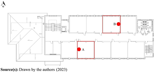 A building floor plan with two highlighted rooms labeled A and B.