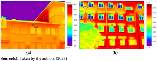 A set of two thermal images show exterior building facades with temperature variations marked by measurement points.
