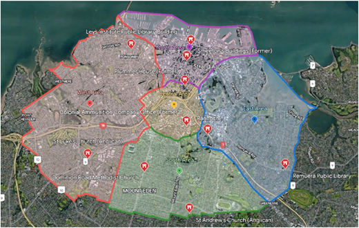 A map shows selected buildings in different areas, including West, South, Central, North, and East areas.