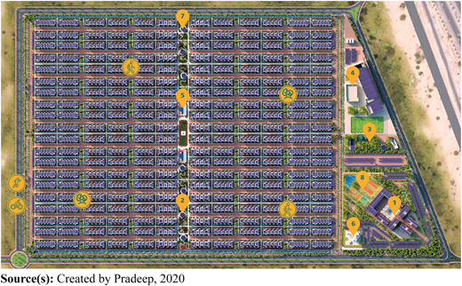 Aerial view of Sharjah Sustainable City master plan with labeled points of interest.