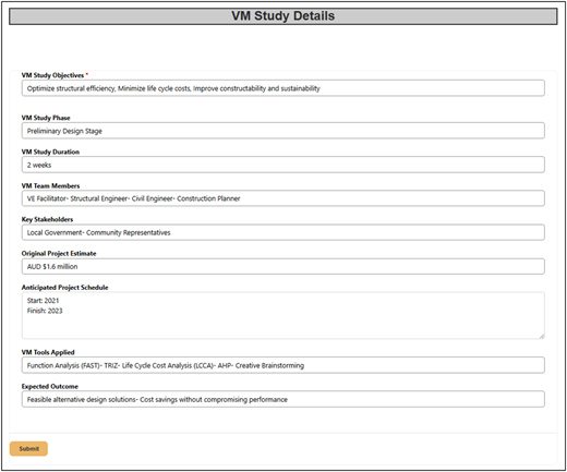 A table detailing VM study objectives, phase, duration, team members, key stakeholders, original project estimate, anticipated project schedule, VM tools applied, and expected outcome.