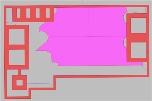 A diagram of a building's roof layout highlighting areas available for photovoltaic (PV) installation.