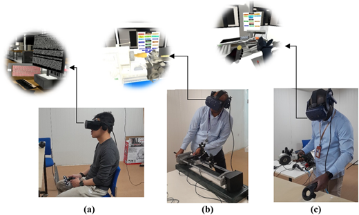 Three side-by-side panels of V R participants with circular insets of monitors or scenes linked to each panel.