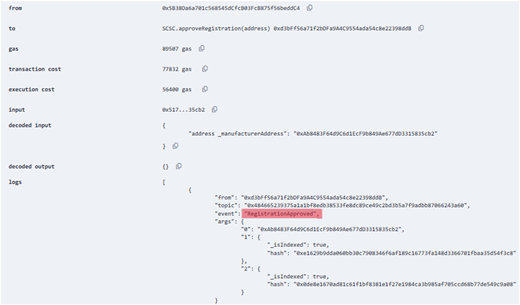 A successful smart contract transaction showing the “Registration Approved” event for a manufacturer.