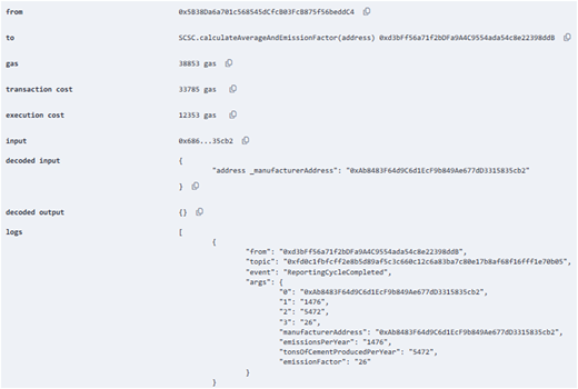 An Ethereum transaction log showing gas usage, input address, and a log event with emissions-related values.