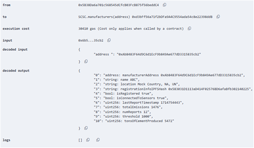 A decoded Ethereum smart contract transaction showing manufacturer details and execution metadata.