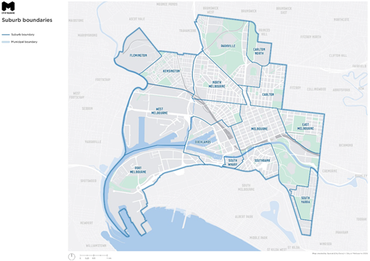 A city map titled “Suburb boundaries” showing Melbourne suburbs including Flemington, Kensington, Docklands, and South Yarra.