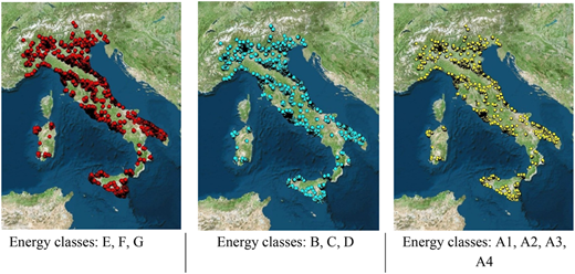 Three maps of Italy showing the distribution of energy classes E, F, G, B, C, D, and A1, A2, A3, A4.