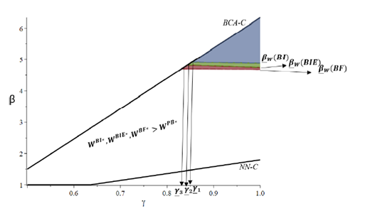 Graph showing beta on vertical axis and gamma on horizontal axis. Blue triangle labeled BCA minus C, green and red regions labeled beta w of BIE and beta w of BF. Diagonal lines labeled WB superscript I and NN minus C. Vertical lines at Y3, Y2, and Y1.