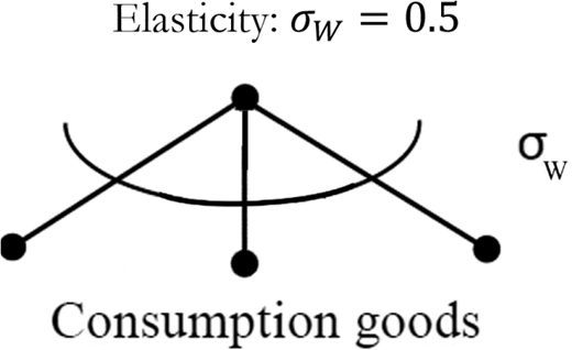 Illustration showing triangular diagram labeled elasticity sigma sub w equals 0.5. Central node connects to two outer nodes with straight lines and a curved line between them. Bottom label reads consumption goods. All elements arranged symmetrically.