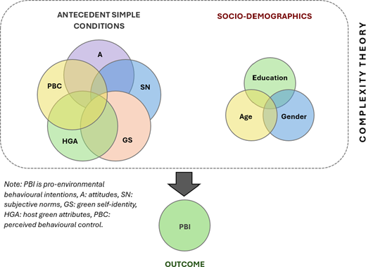 A conceptual model linking antecedent simple conditions and socio demographics to pro environmental behavioural intentions as the outcome.