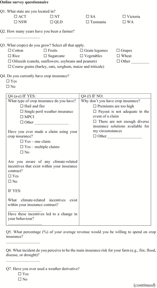 **Table Summary: Online Survey Questionnaire** The table is titled “Online survey questionnaire” and features multiple questions designed for farmers concerning location, crop types, crop insurance, and perceived risks. The first column includes questions Q1 to Q7, with corresponding response options provided in checkboxes. Question Q1 asks about the state of residence, while Q2 requests the number of years the respondent has farmed. Question Q3 focuses on the types of crops grown, allowing multiple selections. Question Q4 is divided into two parts based on whether the respondent currently holds crop insurance; the left side details questions for those with insurance, and the right side outlines queries for those without it. Q5 seeks a percentage of revenue allocated to crop insurance, while Q6 asks about perceived main risks, and Q7 inquires about the use of weather derivatives. There is a clear flow from top to bottom, and some response areas are categorized, while others are open-ended, encouraging detailed responses.
