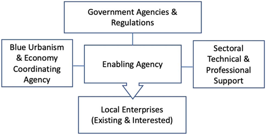 A diagram shows the relationship between government agencies, enabling agency, and local enterprises in Blue Urbanism.