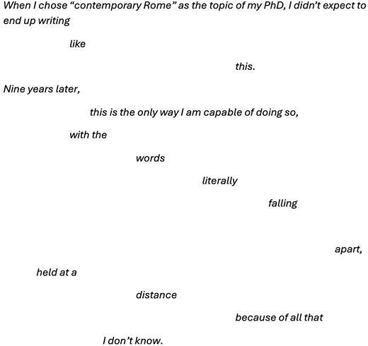 A text passage with scattered words arranged across the page, showing phrases about writing on contemporary Rome and words falling apart over time.