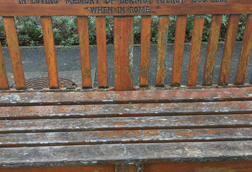 A wooden bench with weathered slats and vertical back supports. A carved inscription dedicated to someone's memory is partially visible in the photo. The words that are fully visible are: WHEN IN ROME. Plants and pavement appear behind.