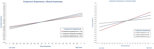 Two line graphs showing interaction effects of customer experience with brand awareness and perceived value on purchase intentions.