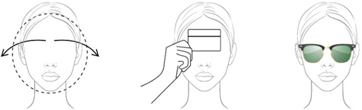 Three illustrations showing facial scanning, card positioning, and virtual sunglasses try on in an A R application.