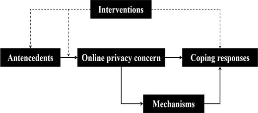 A diagram of antecedents, online privacy concern, coping responses, and mechanisms with interventions linked by arrows.