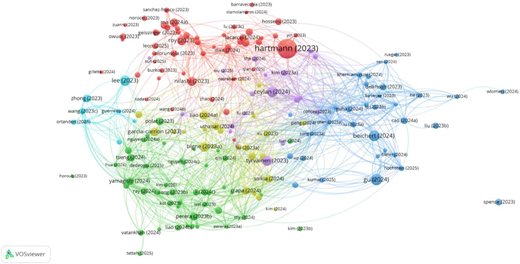 A bibliometric network map presents interconnected author and year nodes grouped into multiple clusters.