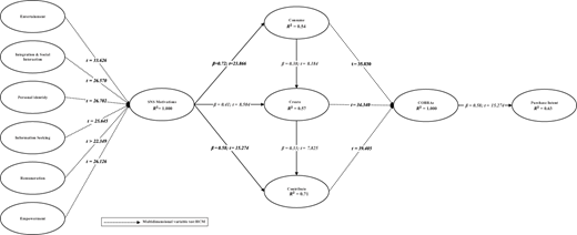 A structural model links six S N S motivations to consume, create, and contribute, forming C O B R A s that predict purchase intent.