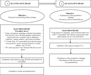 Mixed-method research design showing quantitative and qualitative phases, survey procedures, interviews, and data analysis workflow.