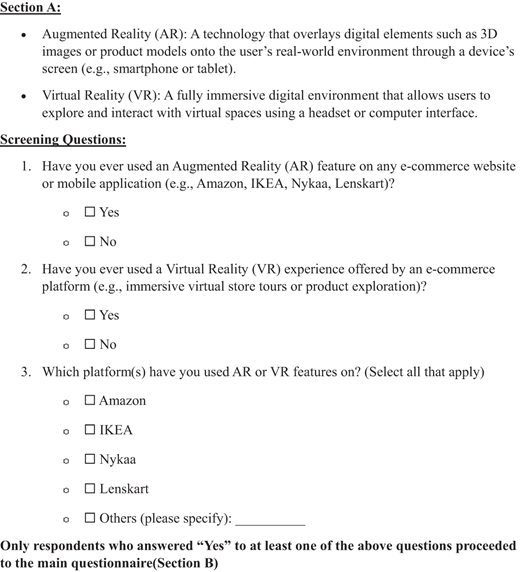 A questionnaire section presents instructions and Likert scale statements on service interaction, reality congruence, and e service quality for X R enabled shopping experiences.
