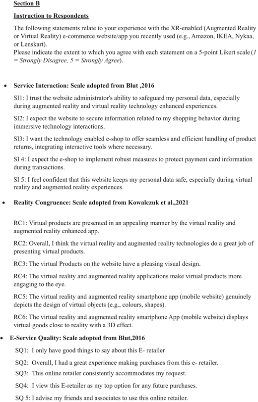 A questionnaire section lists Likert scale statements on relationship quality and customer engagement for X R enabled e commerce experiences.