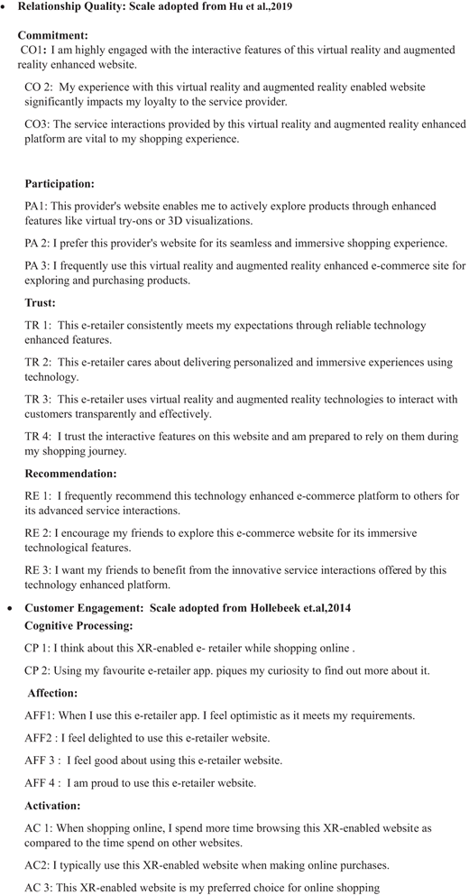 A questionnaire section lists Likert scale statements on relationship quality and customer engagement for X R enabled e commerce experiences.
