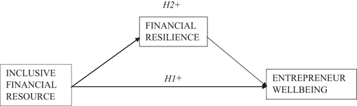 Conceptual model showing Inclusive Financial Resource influencing Entrepreneur Wellbeing directly and through Financial Resilience.