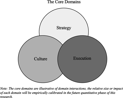 A three-circle conceptual model presents strategy, culture, and execution as overlapping core domains.