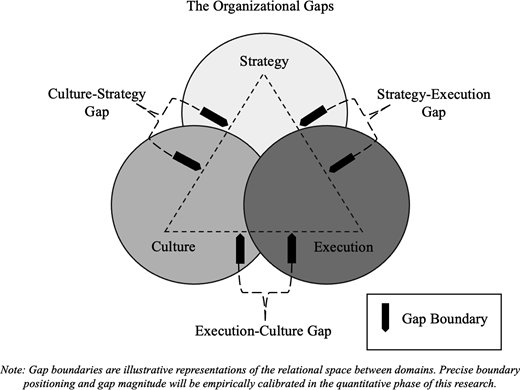 A conceptual model presents culture, strategy, and execution with 3 organizational gaps and their gap boundaries.