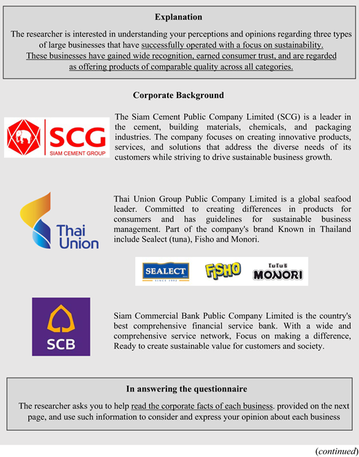 Explanation of a research study on perceptions of sustainable large businesses with corporate backgrounds of three companies: the Siam Cement Public Company, Thai Union Group, and Siam Commercial Bank.