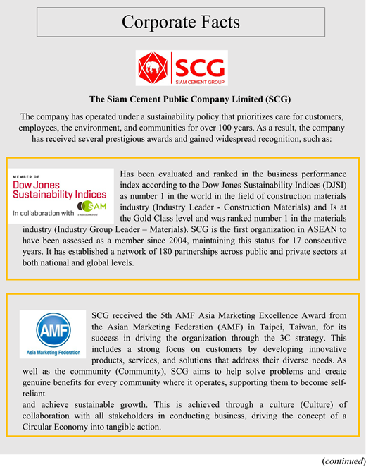 Information on The Siam Cement Public Company Limited's sustainability efforts, awards, and partnerships outlined in a corporate facts document.