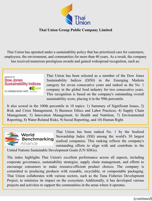 Thai Union Group's sustainability achievements displayed in a corporate report, highlighting awards, indices, and commitments to social and environmental efforts.