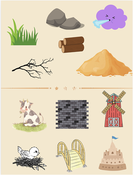 A figure of a grid of twelve illustrations showing natural elements, animals, and man-made structures.