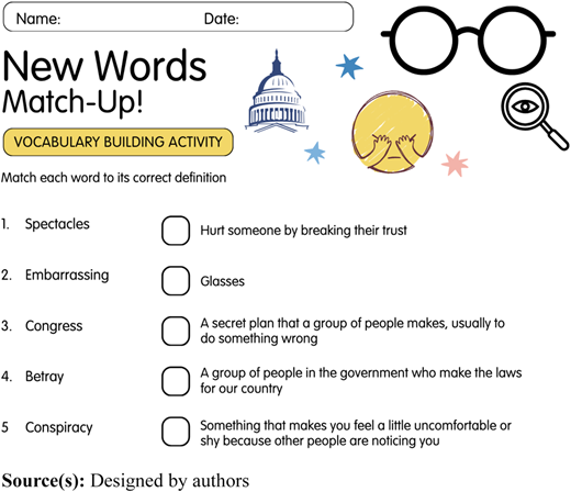 An illustration of a vocabulary building activity with words and images.