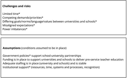 Two text boxes list challenges and risks as well as assumptions related to school-university partnerships.