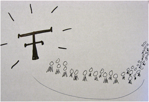 A large hand-drawn T with radiating lines above a curved line of stick figures increasing in number toward the right.