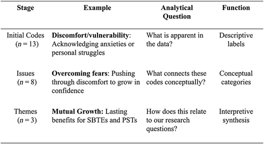 A table showing stages, examples, analytical questions, and functions in qualitative coding.