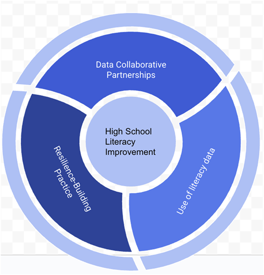 A circular segmented diagram shows factors contributing to high school literacy improvement.