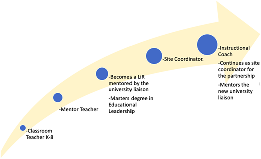 A diagram shows a professional growth trajectory along an upward curving arrow with five milestones.