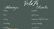 A chalkboard displays two columns: advantages of "VelaFi" including velocity, price, security, traceability, and technology; obstacles like regulation, cybersecurity, competition, lack of knowledge, and lack of trust.