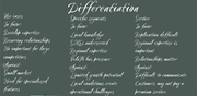 Handwritten notes on a chalkboard outlining differentiation in business, including use cases, specific segments, and service considerations with pros and cons listed.