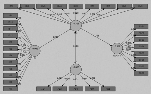 The estimated structural model (using SmartPLS) Refer to the image caption for details.