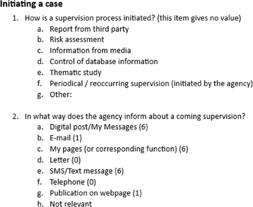 A questionnaire lists two questions on how supervision processes start and how agencies communicate upcoming supervision.