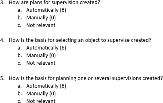 A questionnaire presents three questions about how supervision plans and bases are created.