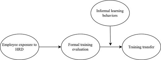 A conceptual model links employee exposure to HRD with training transfer through formal training evaluation, moderated by informal learning behaviours.
