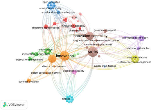 A network map of research terms has S M Es as the largest central node, linked with innovation capability, innovation, finance, and customer-related terms.