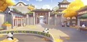 Two game screenshots show panda characters within traditional Chinese streets and a Sichuan opera setting.