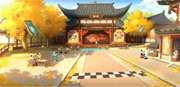 A courtyard contains panda characters, autumn trees, traditional buildings and a stage beyond a chequered finish line.